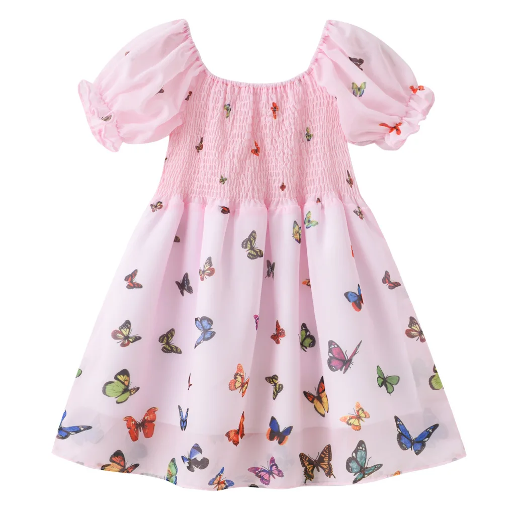 

New 2023 Summer 1-7Y Girls Princess Party Dresses Butterfly Print Kids Birthday Fashion Children Baby Cute Puff Sleeve Clothing