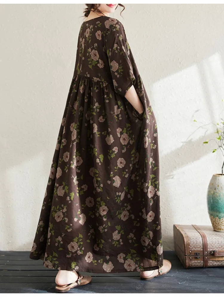 Платье женское длинное свободного кроя с цветочным принтом