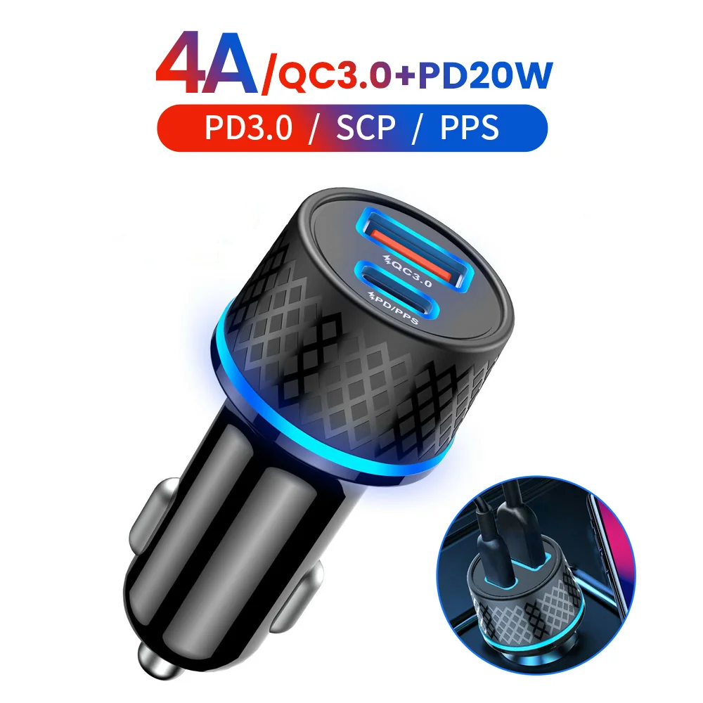 

Автомобильное зарядное устройство для телефона QC 3,0 с двумя USB-портами, прикуриватель, Тип C, быстрая зарядка, Автомобильный USB-адаптер 12-24 В, э...