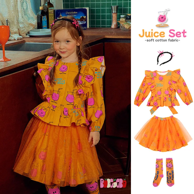 

Распродажа (доставка сентябрь) 2023 осенняя одежда для девочек, рубашка с оборками и юбка, комплект детской эксклюзивной одежды, носки для девочек, повязка на голову