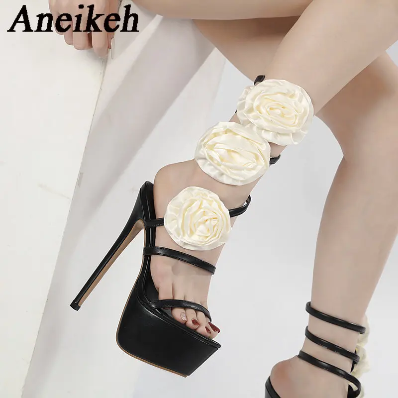 

Женские туфли на очень высоком каблуке Aneikeh для ночного клуба, танцев на шесте, украшение с цветами, платформа с открытым носком, туфли-лодочки из искусственной кожи