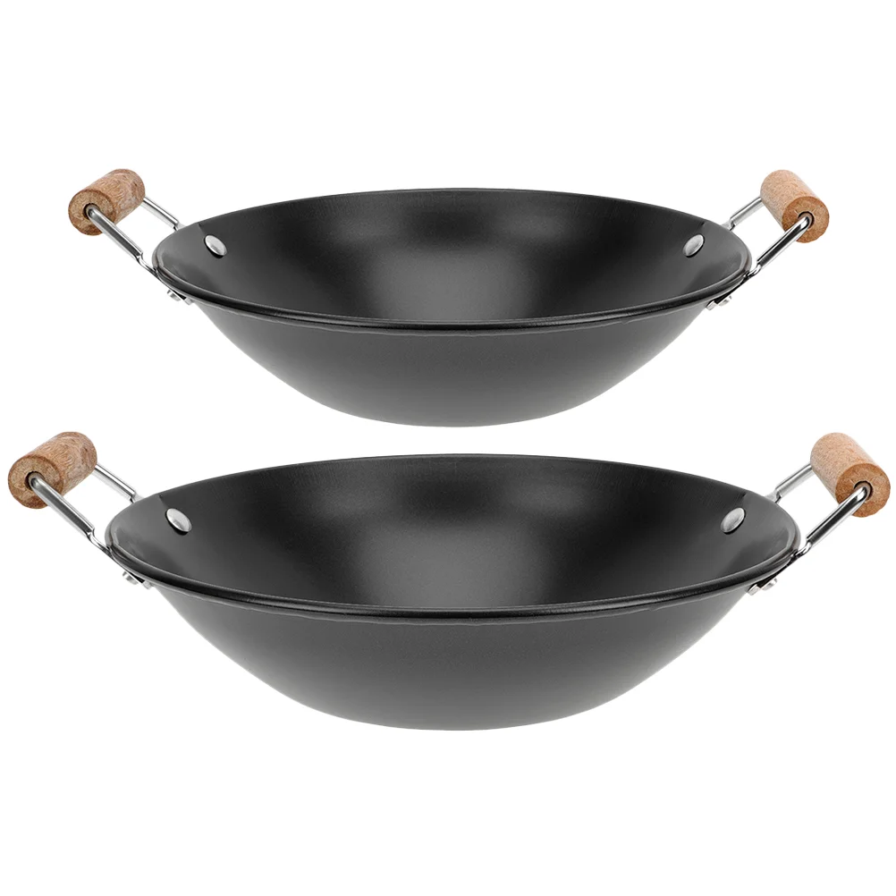 

2 Pcs Stainless Steel Griddle Chinese Wok Thicken Heavy Duty Grilling Wok Wooden Stew Pot Pot Handle Individual