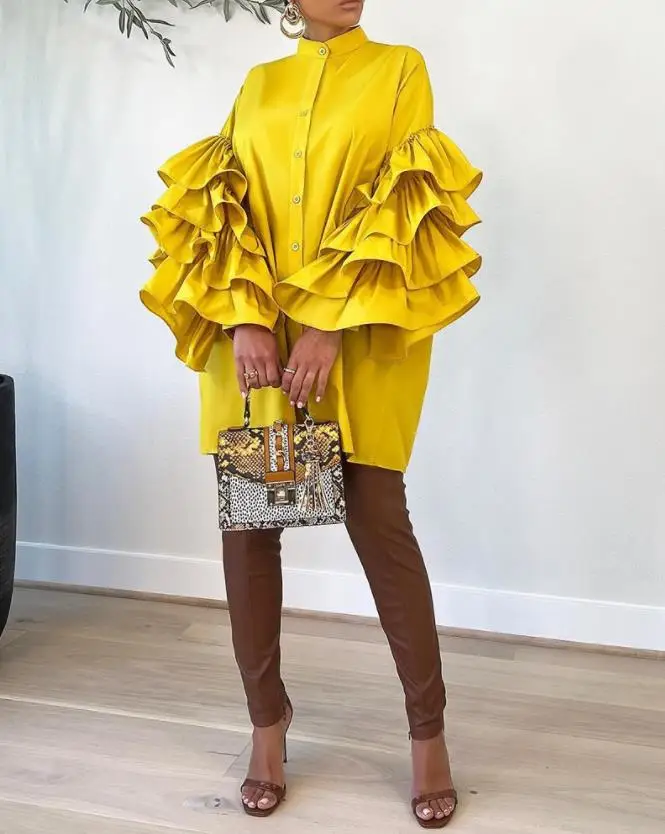 

Женские платья 2022, летнее многослойное платье-рубашка с оборками на пуговицах спереди, с воротником-стойкой и длинным рукавом, однотонное м...