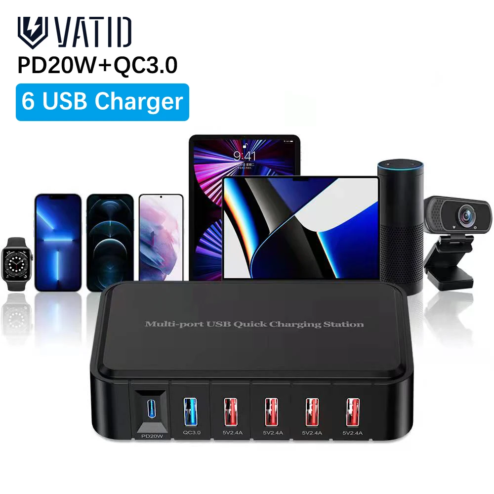 

Vatid 6 Port USB Charger Phone Charger QC3.0 Fast Charging Desktop Charger Station for iPhone 11 12 13 Sumsung Xiaomi Huawei