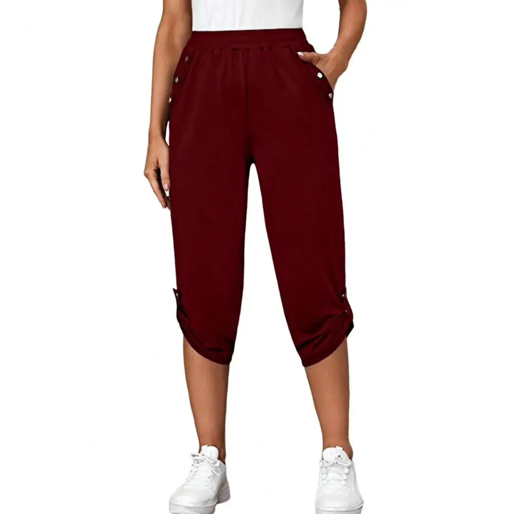 

Fashion Women Pants Mid-rise Elastic Waistband Pockets Loose Fit Cropped Pants Women Summer Casual Mid-calf Length Pants