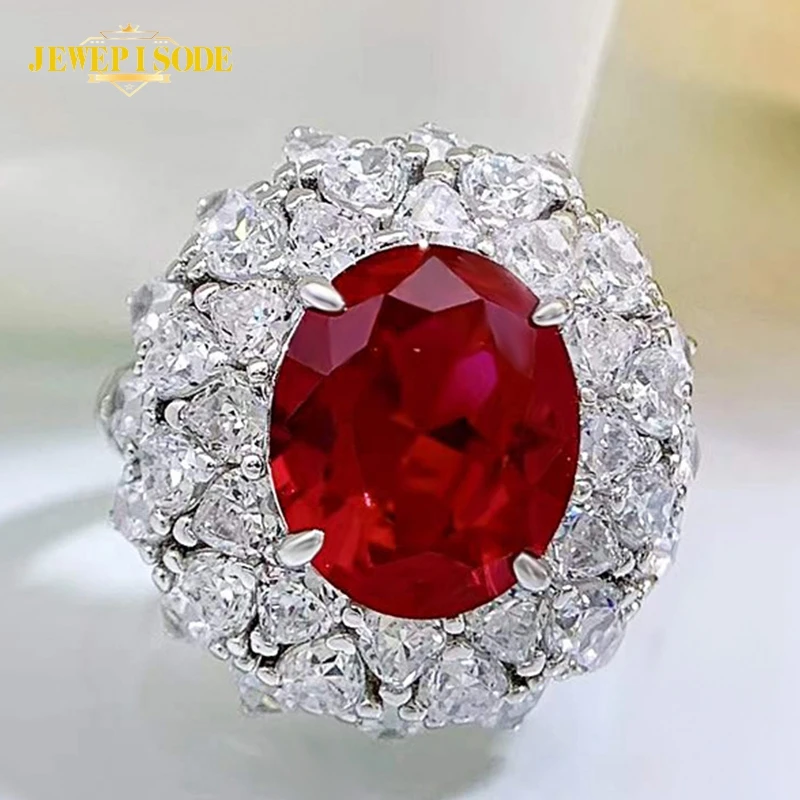 

Jewepisode Luxury 925 Sterling Silver 5CT Oval Cut Ruby Sapphire Gemstone Ring 18K White Gold Plated Wedding Party Jewelry Gifts