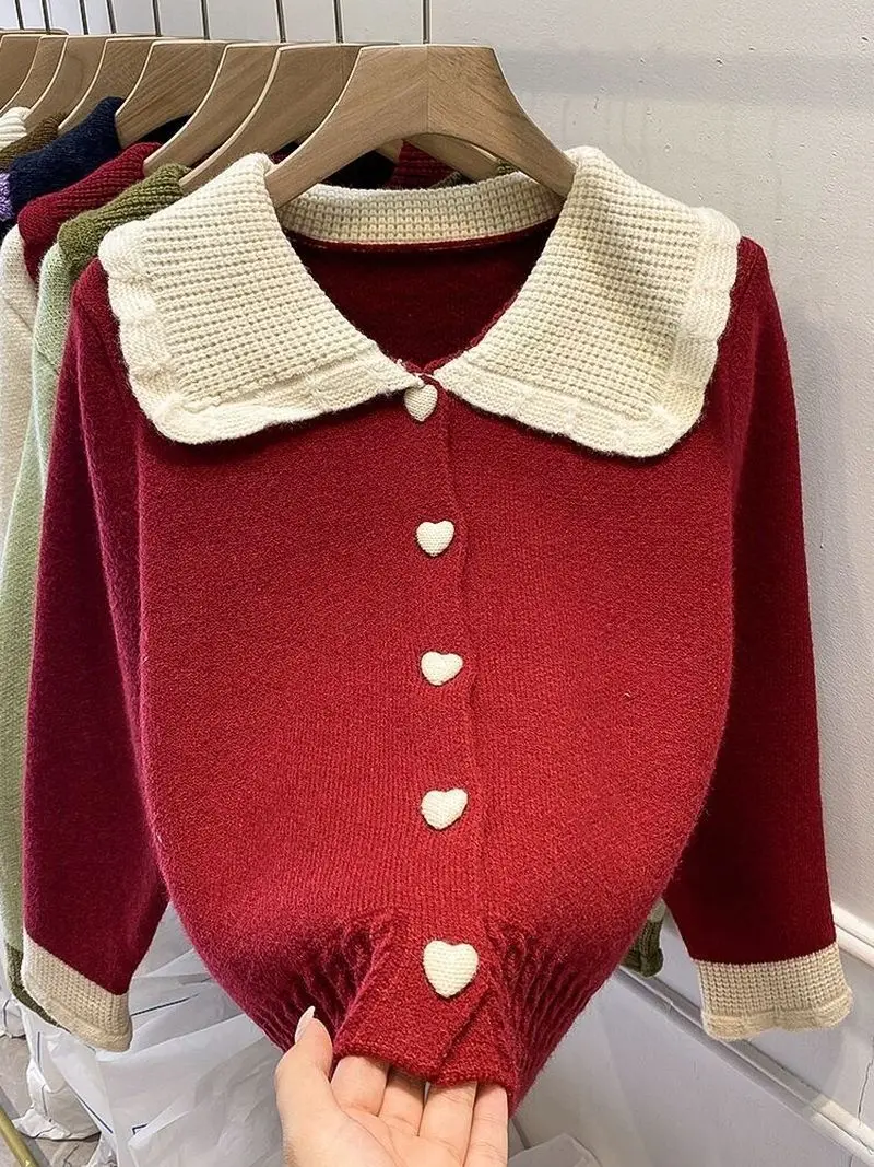 

Red and White Stitched Collar Sweater Women's Spring and Autumn 2022 New Sweet Aging Thickened Button Sweater Cardigan
