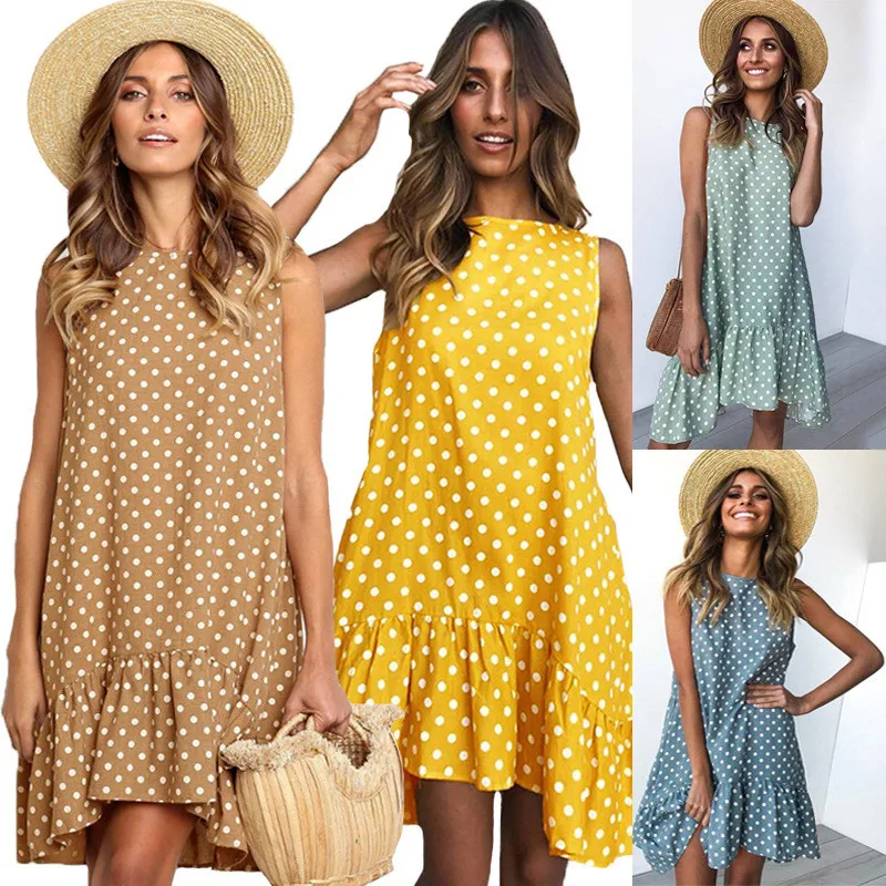

summer Dress Women Wave Point Ruffled Polka O Neck sleeveless Casual Beach Sundress Transparent Female vestidos 2022