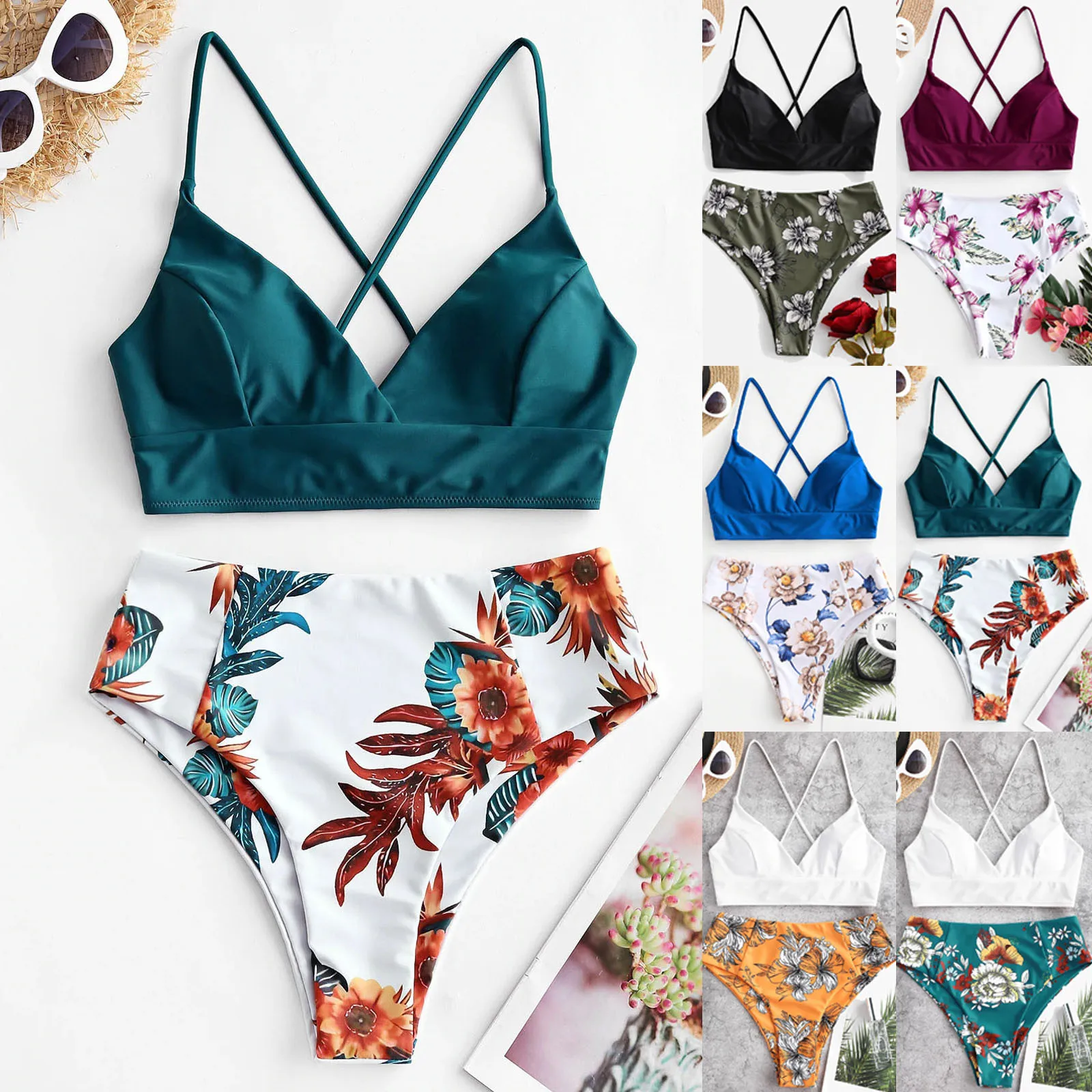 Two Piece Swimsuit Women Flower Print Split Sets Plus Size Beachwear Swimsuit Bikini Swimsuits For Teen Girls Sport Bachwear