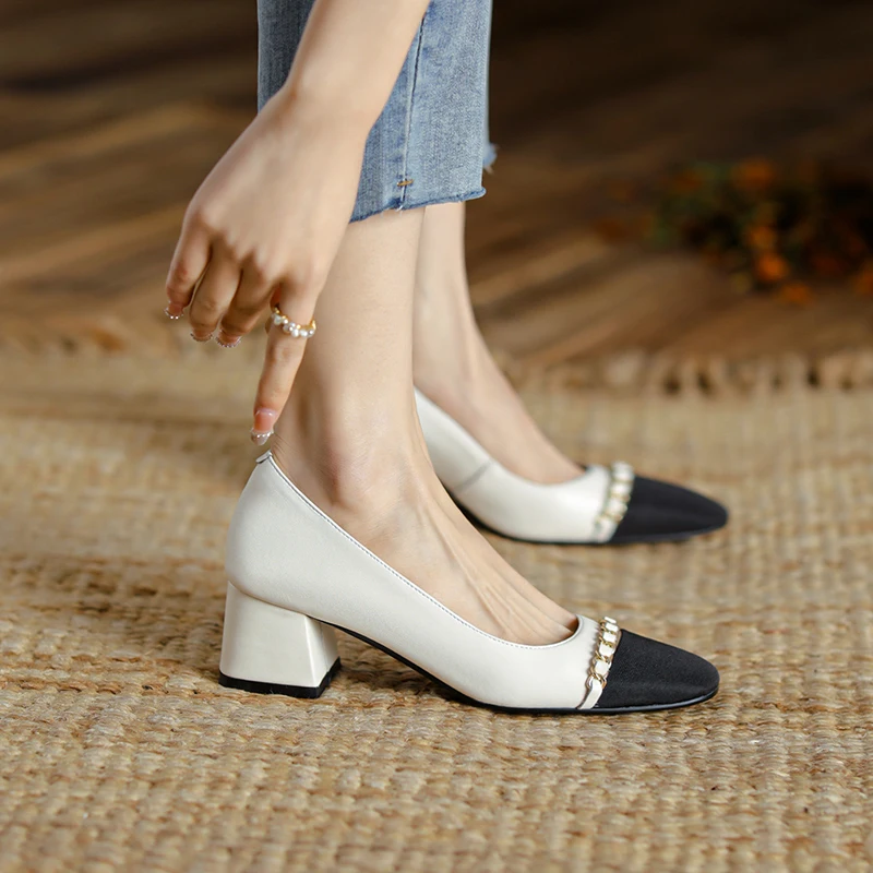 

Демисезонные женские офисные туфли Ranbetty из натуральной коровьей кожи с острым носком, разноцветные туфли-лодочки на среднем квадратном каблуке, элегантная обувь