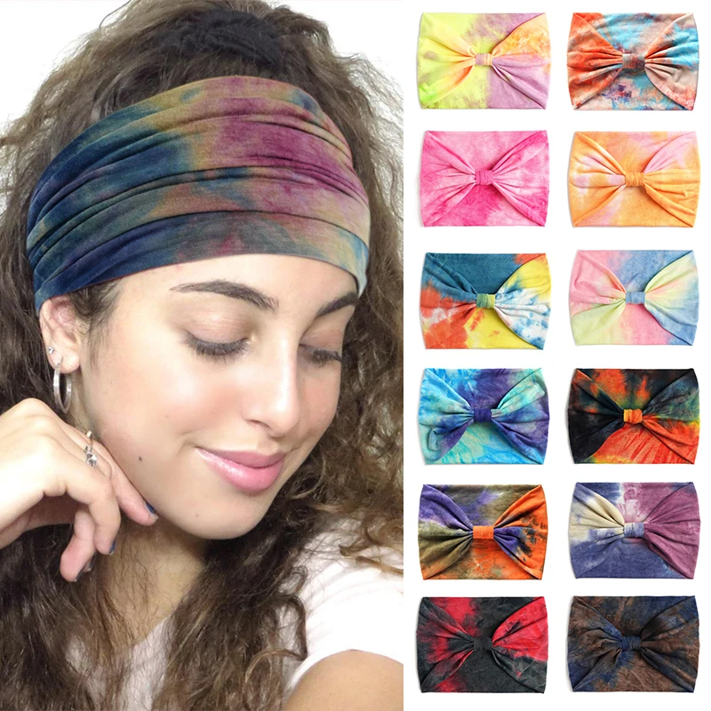 

Эластичные повязки для волос с узелком, Радужный цвет, тюрбан, повязка на голову, регулируемая лента, стиль бохо, широкий ободок