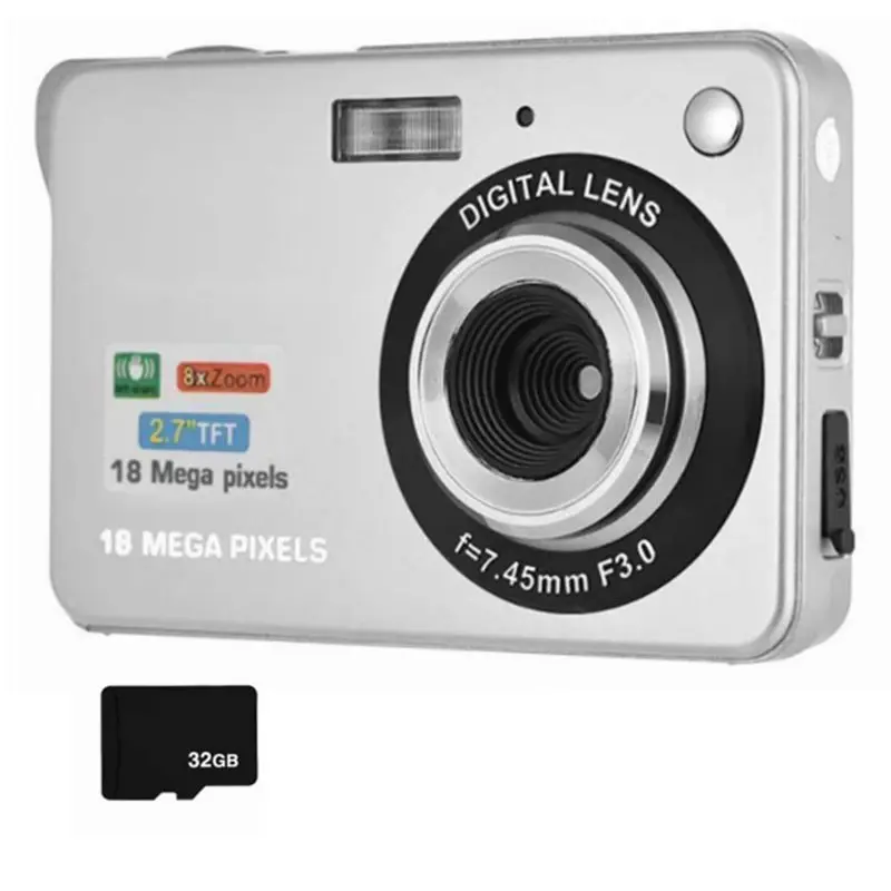 Mini Digital Camera 18MP 2.7K 8X Zoom Self-Timer 32GB Extended Memory Face Detection Anti-shaking Built-in Batteries