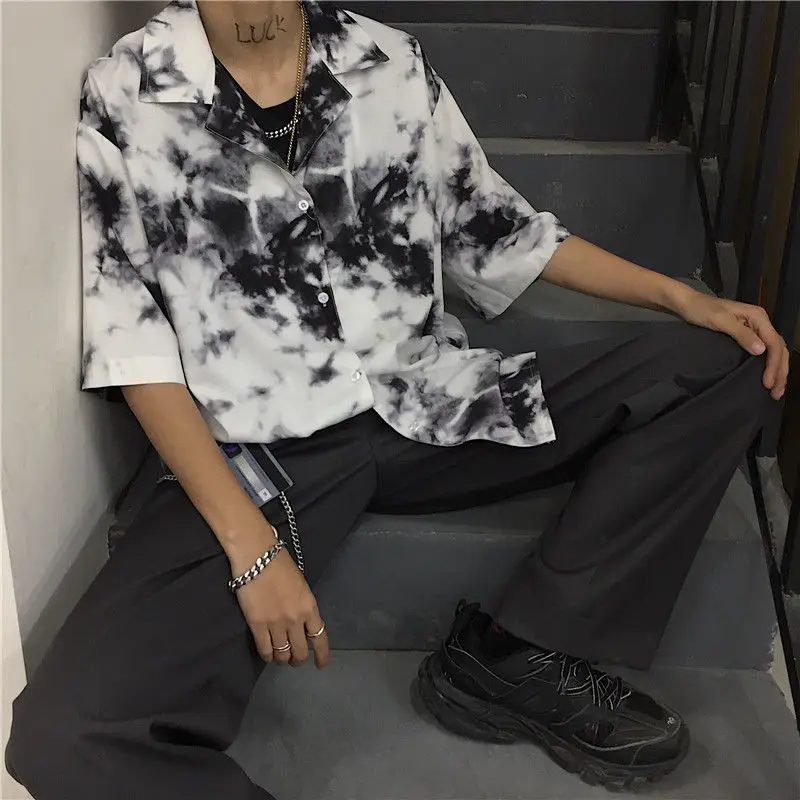 

QWEEK Vintage Blouse Women Streetwear Harajuku Bf Style Oversized Shirt Kpop Fashion Tie Dye Black White Short Sleeve Top Casual