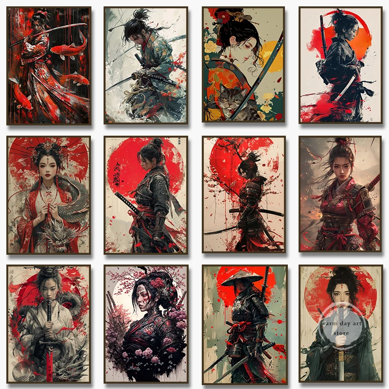 Японский гейш Самурай кои рыба дракон Бушидо Katana картина настенная печать для