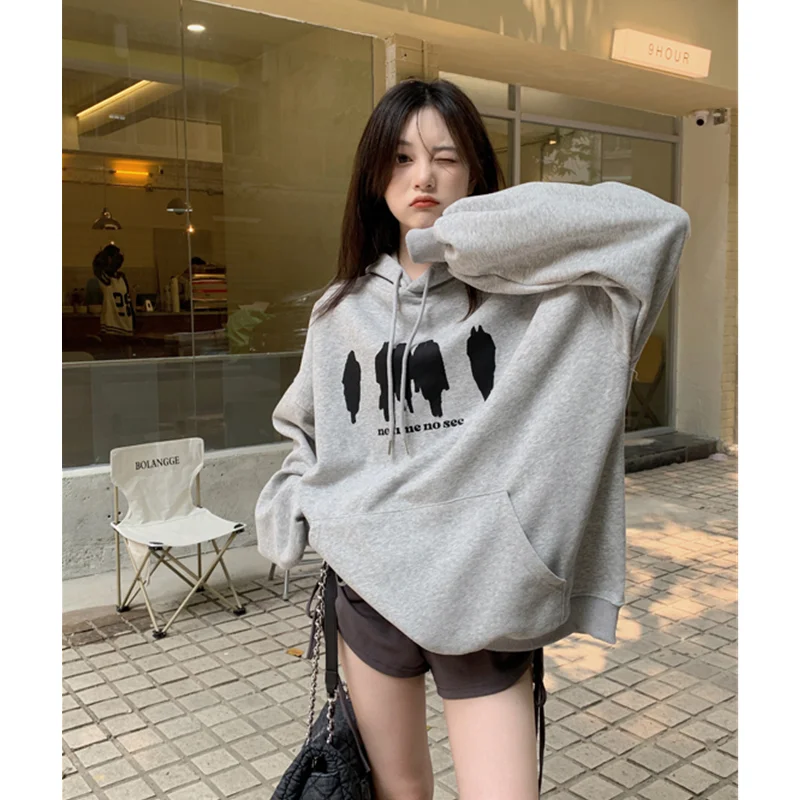 

Свитшот женский серый с капюшоном, Модный пуловер оверсайз в Корейском стиле с длинным рукавом, с принтом на завязках, в винтажном стиле, для...