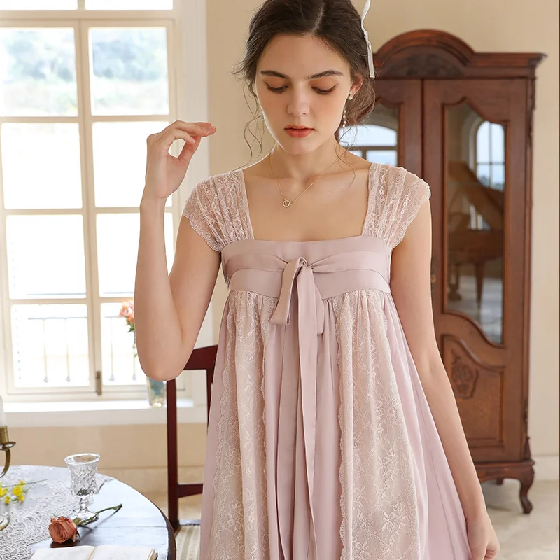 Summer Nightgowns Women Satin Lace Vintage Sleeveless Sexy Sweet Sleepwear Nightdress Princess Loose Nightwear Home Night Dress