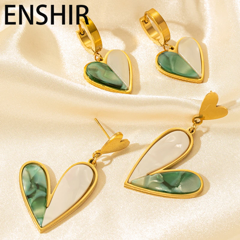 Женские Серьги В Форме Сердца Enshir Из Нержавеющей Стали 316l Зелено-белый Дизайн