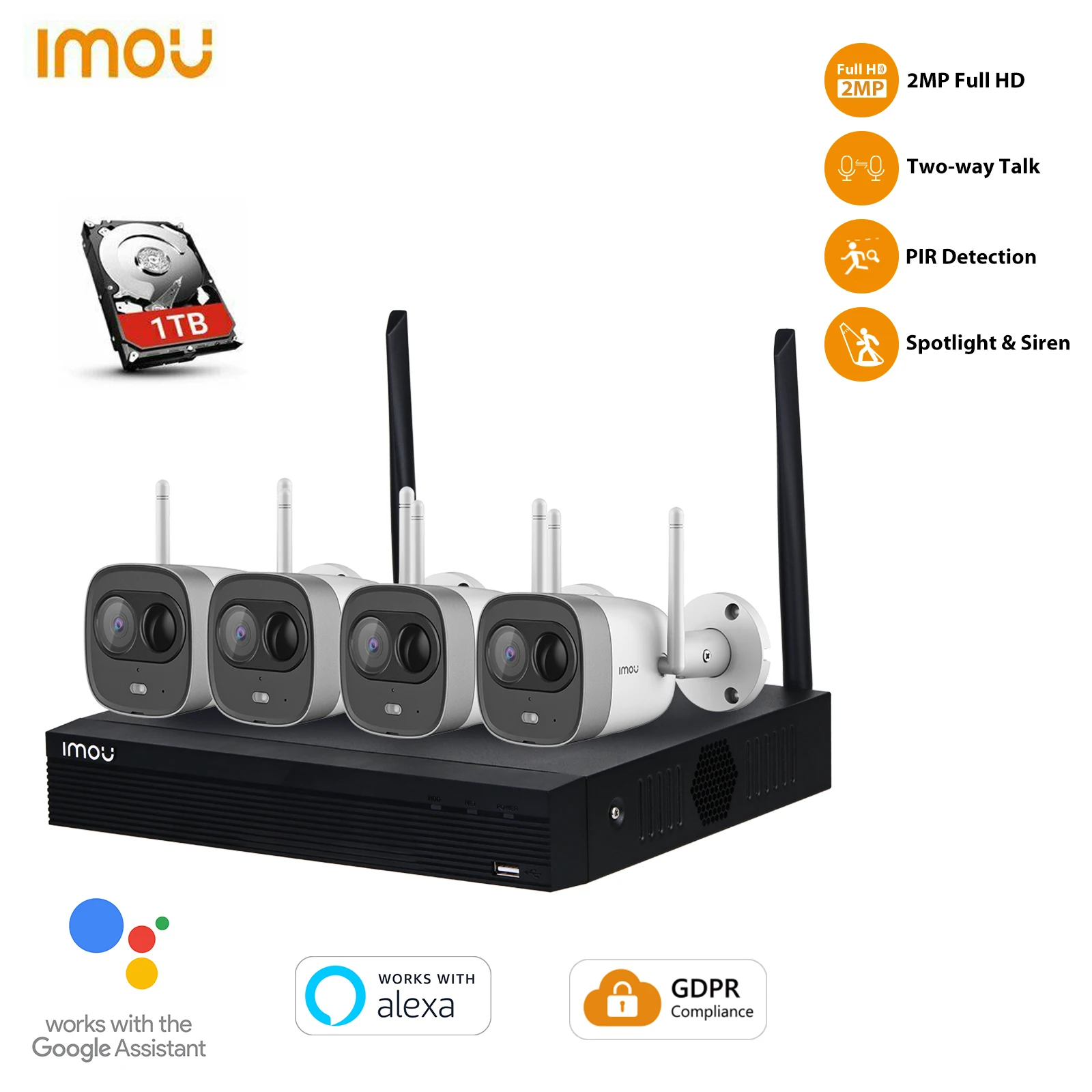 

IMOU Wi-Fi 4CH Wireless NVR with 4 Bullet 2MP Camera Built-in 1TB HDD 1080P IP67 Network Security System Protection