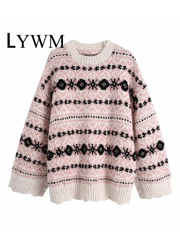 

LYWM Women Fashion Printed Jacquard Knitted Pullover Sweater Vintage O-Neck Side Slit Long Sleeves Female Chic Lady Tops