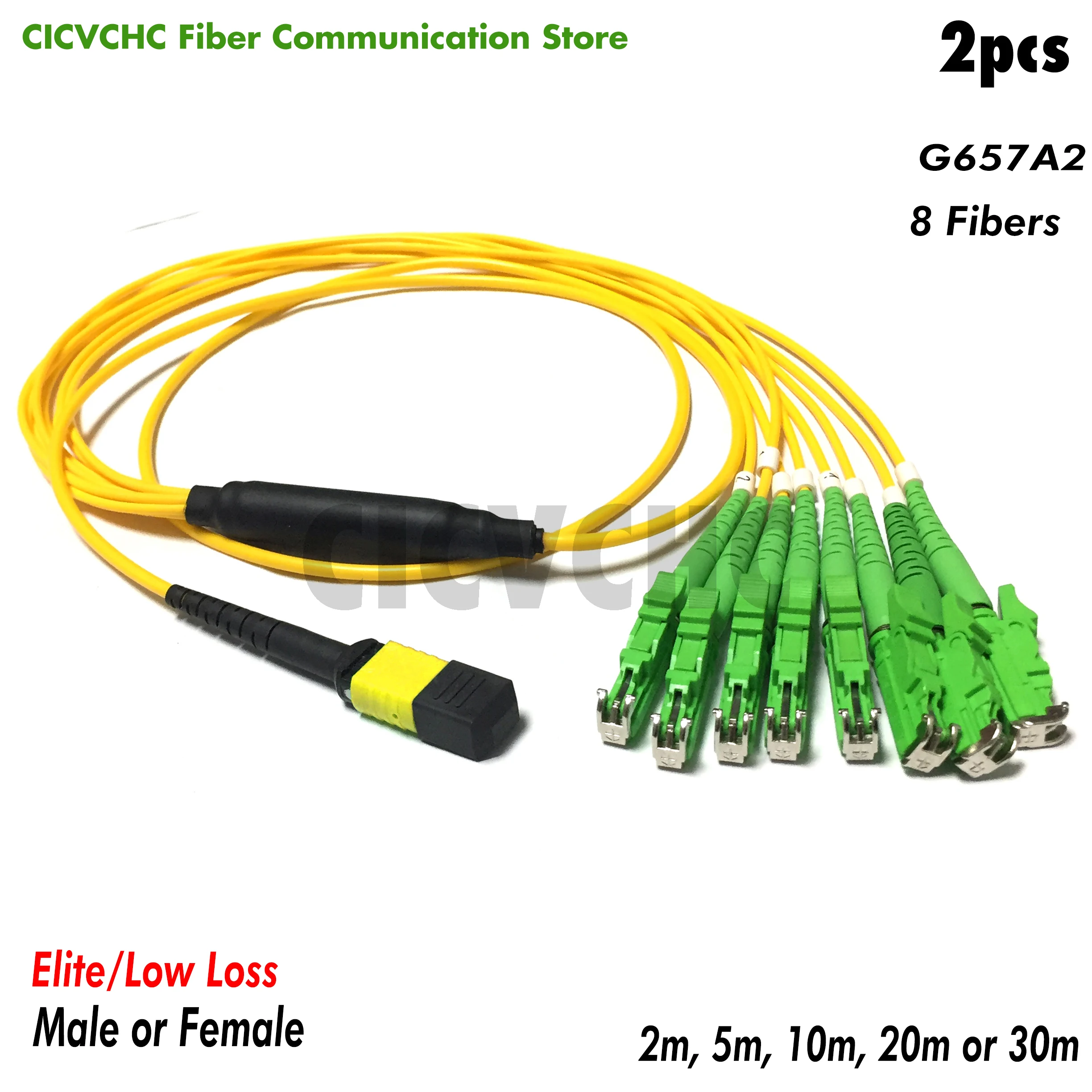 2pcs 8 fibers-MPO/APC(Elite)-Simplex E2000(LSH)/APC -Low loss-Fanout-G657A2-2m to 10m/QSFP+ till SFP+