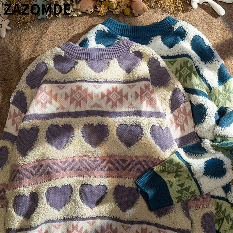 ZAZOMDE Couple Heart-shaped Sweater Knitwear Autumn Winter O Neck Loose Retro Pullover Long Sleeve Casual Love Fashion Pullover