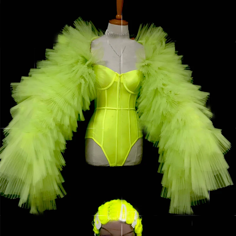 

Fluorescent Green Bodysuit Lace Cake Sleeves Sets Wigs Nightclub Dj Ds Gogo Costume Pole Dance Clothes Feastival Outfit XS3783