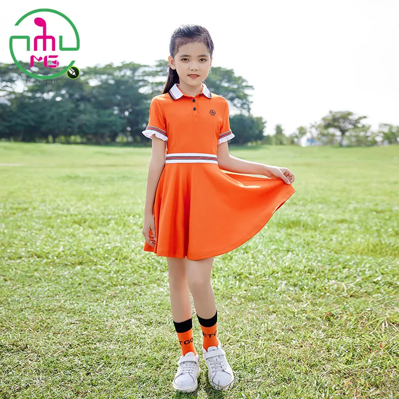 MG PleatedClothes Girls Golf Short Sleeve Dark Orange Dress Slim Girl Sports Young Children Shirts Soft Breathable Wear Skirts