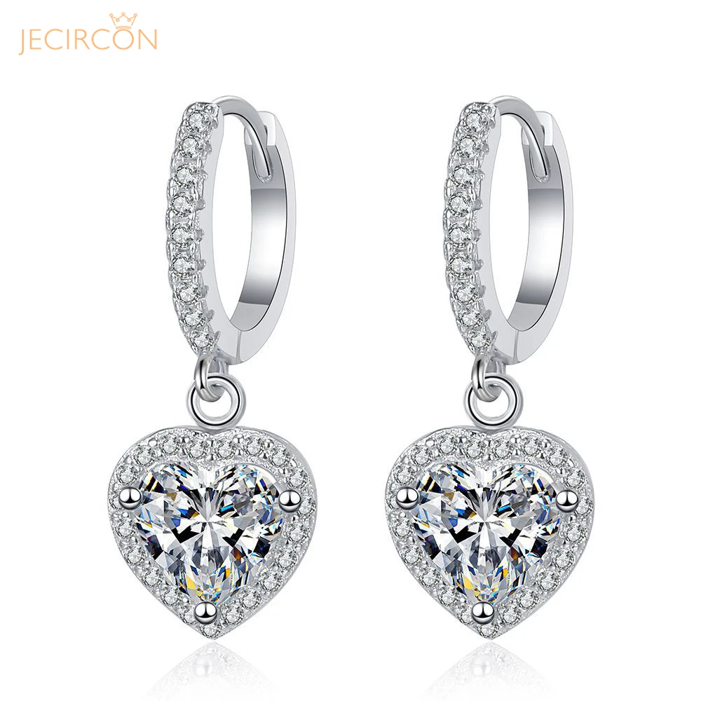 

JECIRCON 925 Sterling Silver Moissanite Drop Earrings for Women 1ct Classic Heart-Shaped Ear Pendants Platinum Plated Jewelry