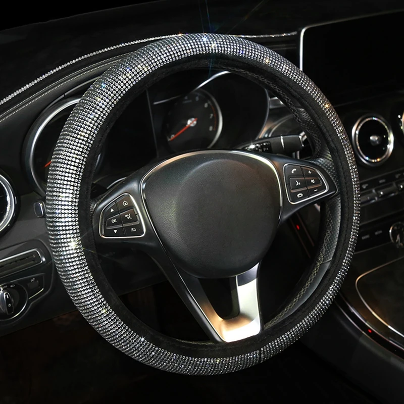 

Cystal Steering Wheel Cover with PU Leather Bling Bling Rhinestones Universal 15 Inch Auto Steering Wheel Black Silver