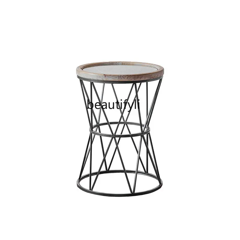 

yj American Living Room Sofa Storage Side Table Corner Table Retro Small round Table Wood Carved Small Coffee Table