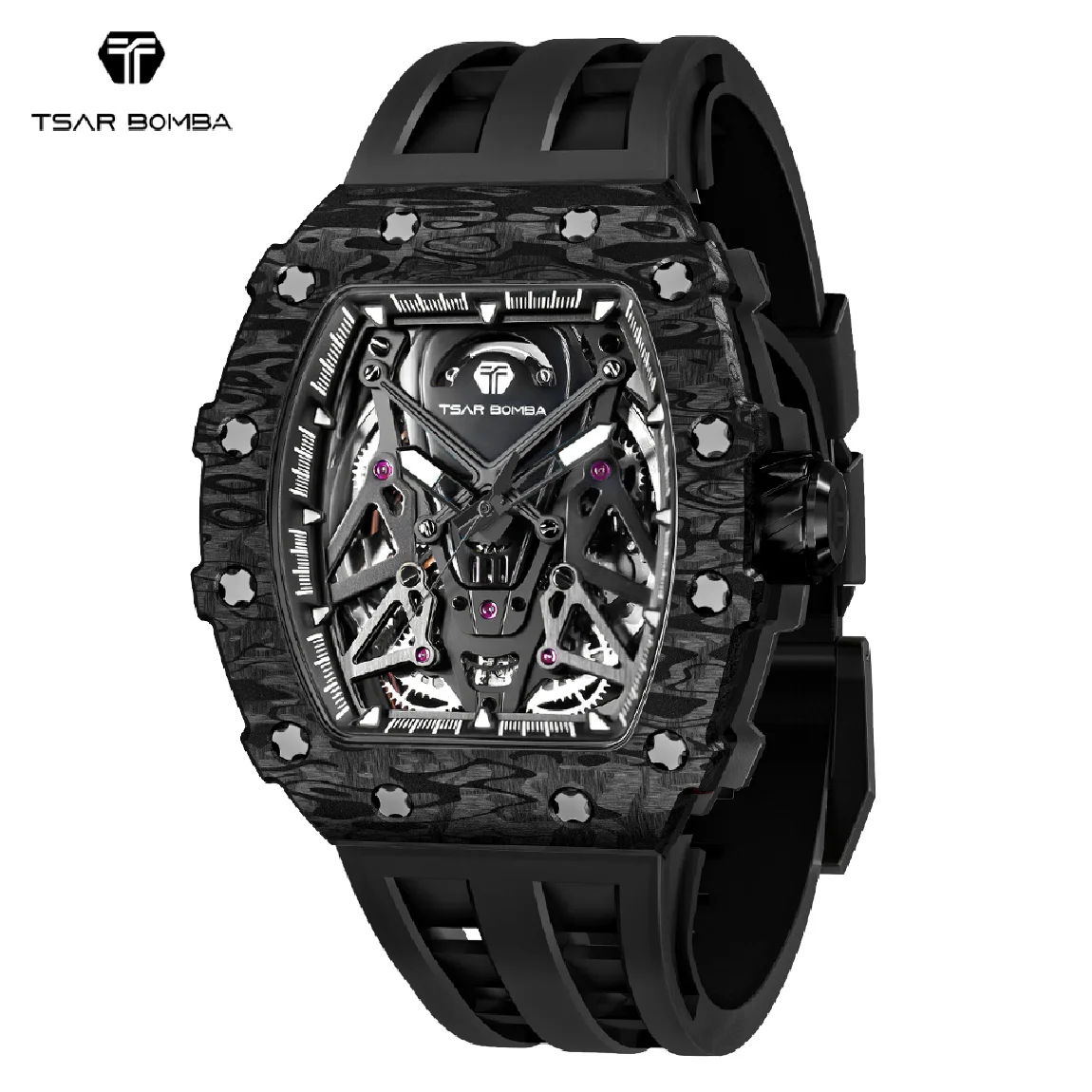 

TSAR BOMBA Automatic Watch Men Carbon Fiber Tonneau Mechanical Wristwatch Waterproof Sapphire Clock Luxury Fashion Man Watches