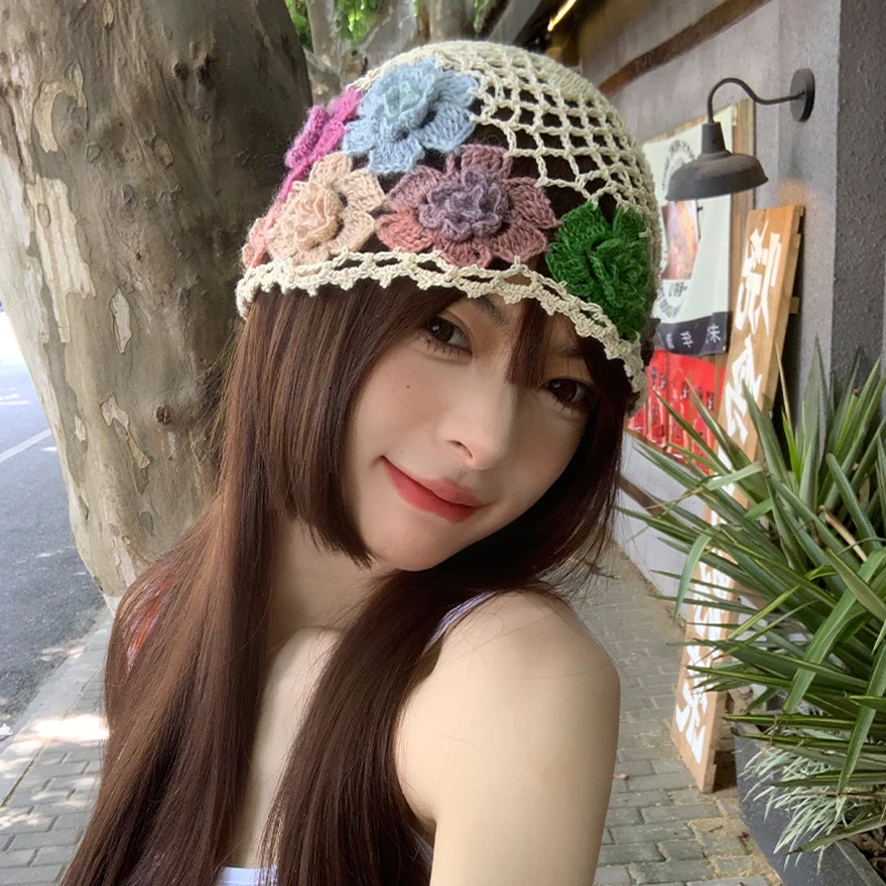 

Japanese Spring Summer Literary and Artistic Colorful Flower Hollow Bag Head Hat Women Sweet Fashion Hand-crocheted Beanie Cap