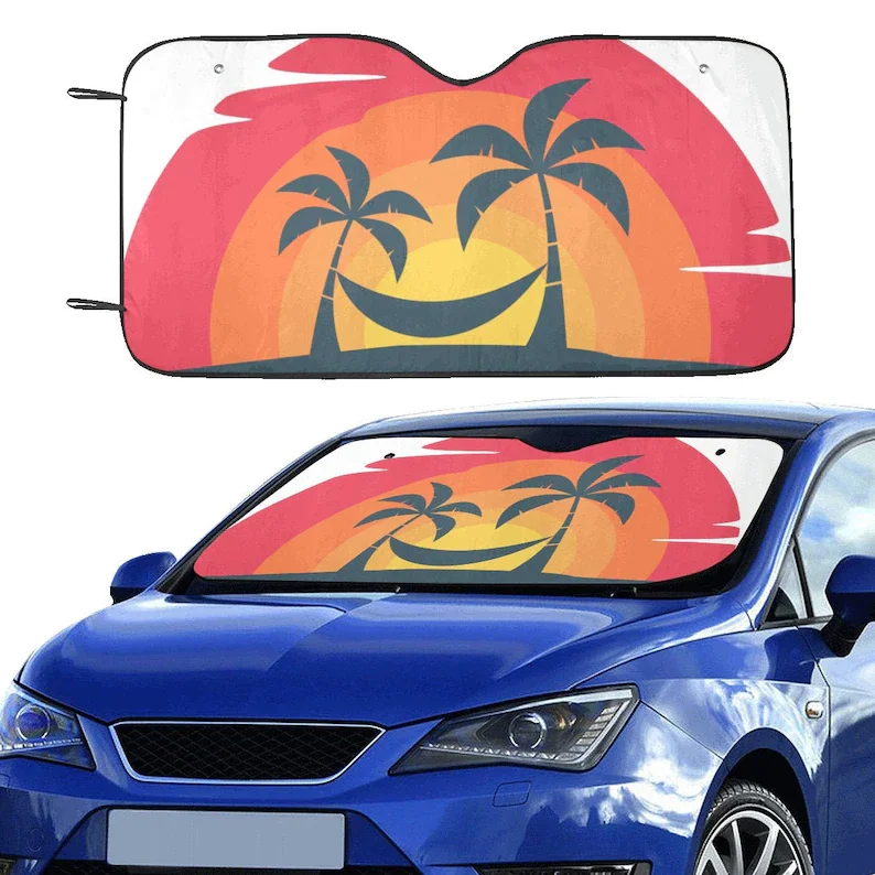 

Retro Sunset Windshield Sun Shade, Hammock Island Palm Tree Car Accessories Auto Protector Window Visor Screen Cover Decor