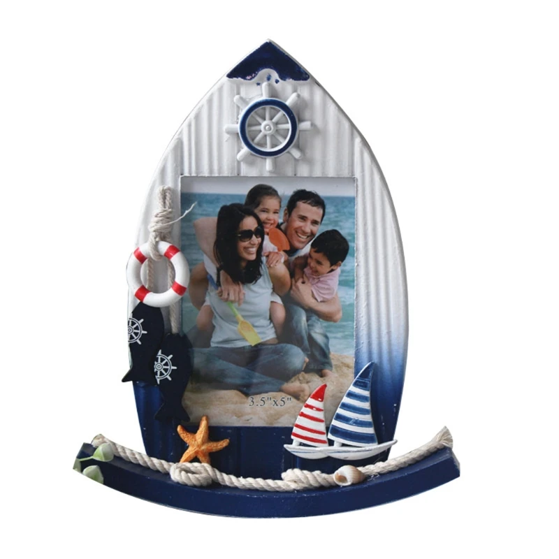Wooden Blue Sailboat Picture Frame Sculptural Wood Photo Holder Meticulous Decoration Handcrafted Tabletop Accessory |