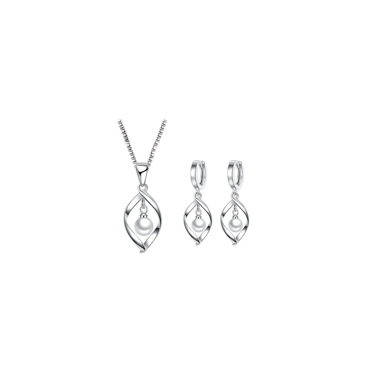 Women's 925 Pearl Stone Special Design Sterling Silver Necklace and Earring Set Quality Stylish Elegant Shiny Special Occasions