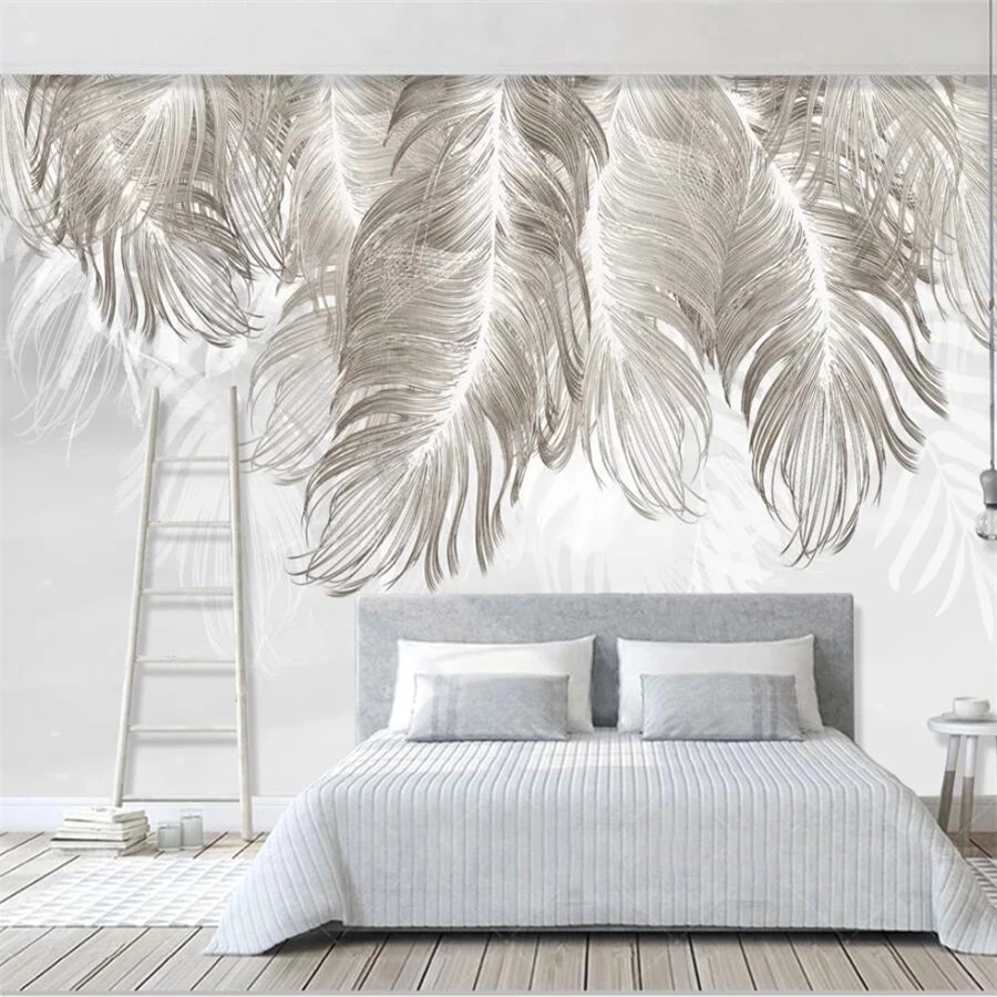 Custom Self Adhesive wallpaper 3d photo mural papel de parede Nordic style wall simple and elegant blues feather bedroom |