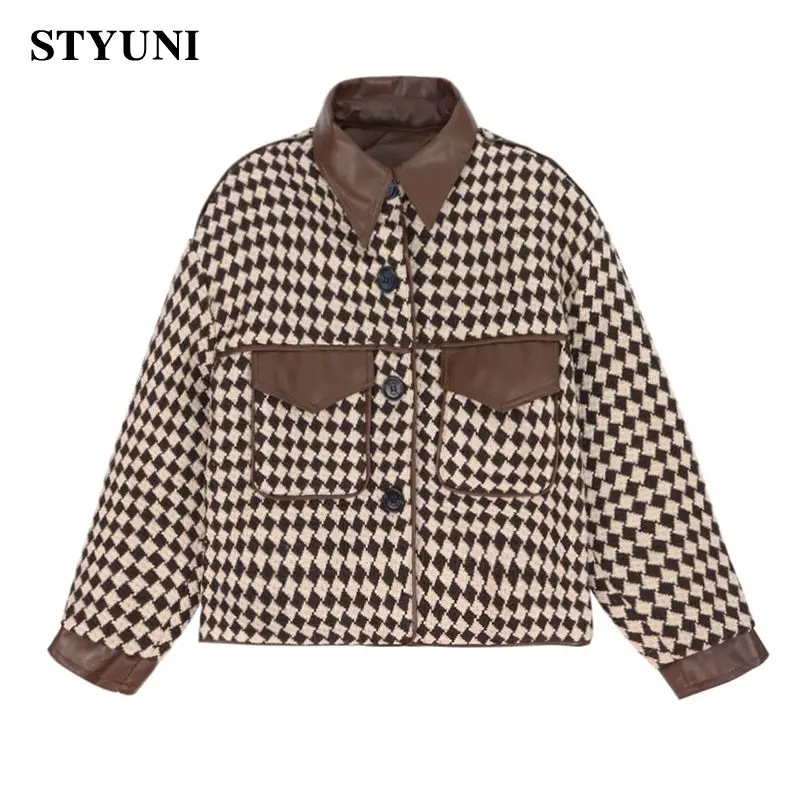

Leather Houndstooth Lattice Stitching Vintage Loose Women's jacket Korean Fashion Plaid Single-breasted Winter Jackets For Women