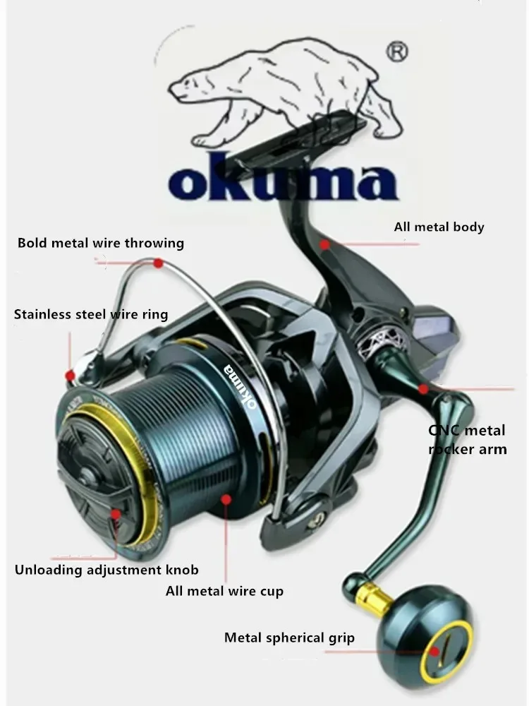 Рыболовная катушка Okuma 9000-14000, металлическая, для дальнего заброса, с направляющей шпулей, передаточное число 4.7:1, тормозная сила 30 кг. (art.: 3920db0900aab) - 3920db0900aab