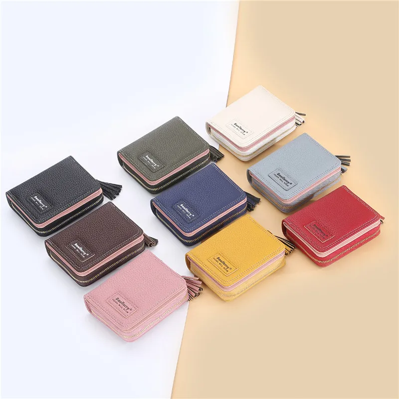 

2022 Solid Color Litchi Grain Card Bag Tassels Women Fashion Card Bag Pu Leather Zipper Coin Purse For Women