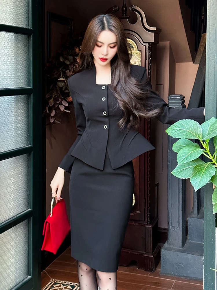 New High Quality 2 Pieces Outfit Suits Women Black Temperament Formal Chic Tops Coat Blazer Suit Waist Midi Skirt Slim Sets