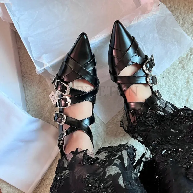 Pointed Toe Women Pumps New Arrivals Belt Buckle Thick Low Heels Black Beige Office Paty Pumps Dress Shoes Woman Cross Tied