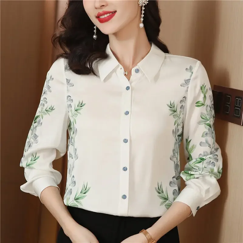 

Satin Printed Casual Women's Shirts New FASHION Silk Blouses Loose Polo Necks Ladies Clothing Spring/Summer Long Sleeves Tops