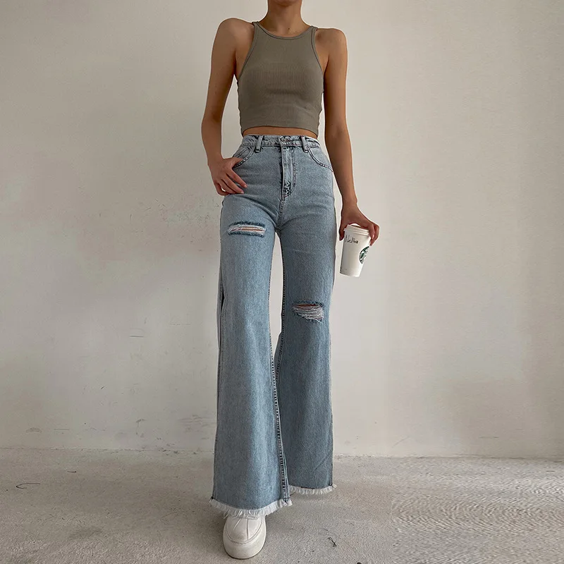 New Ladies Personality Slit Ripped Casual All-Match Denim Trousers