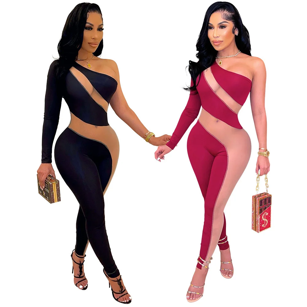

Sylph Mesh Patchwork Jumpsuit Women One Shoulder Long Sleeve Romper Sexy See Through Women's Jumpsuits Overalls Fashion Clothes