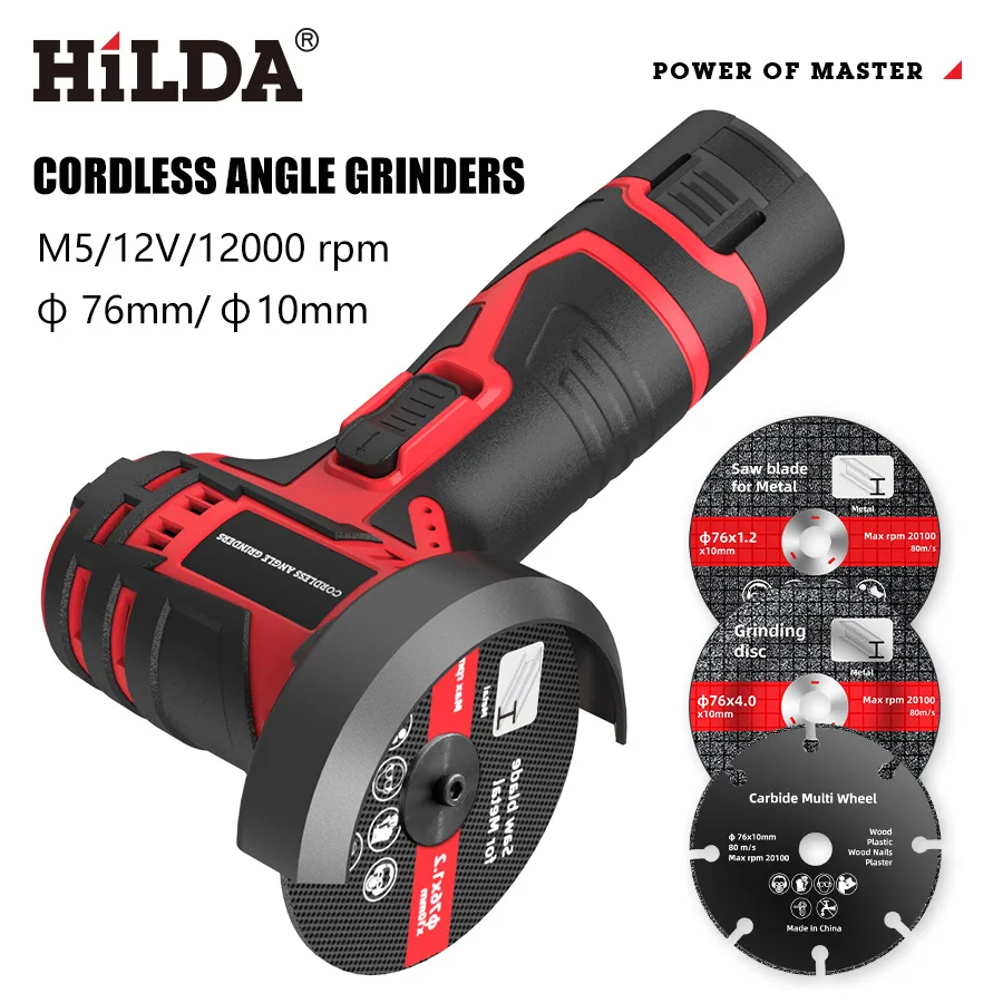 Hilda 12V 3 Inch Cordless Electric Angle Grinder Mini Small Handheld Cutting Machine Polishing Machine Lithium Ion Battery