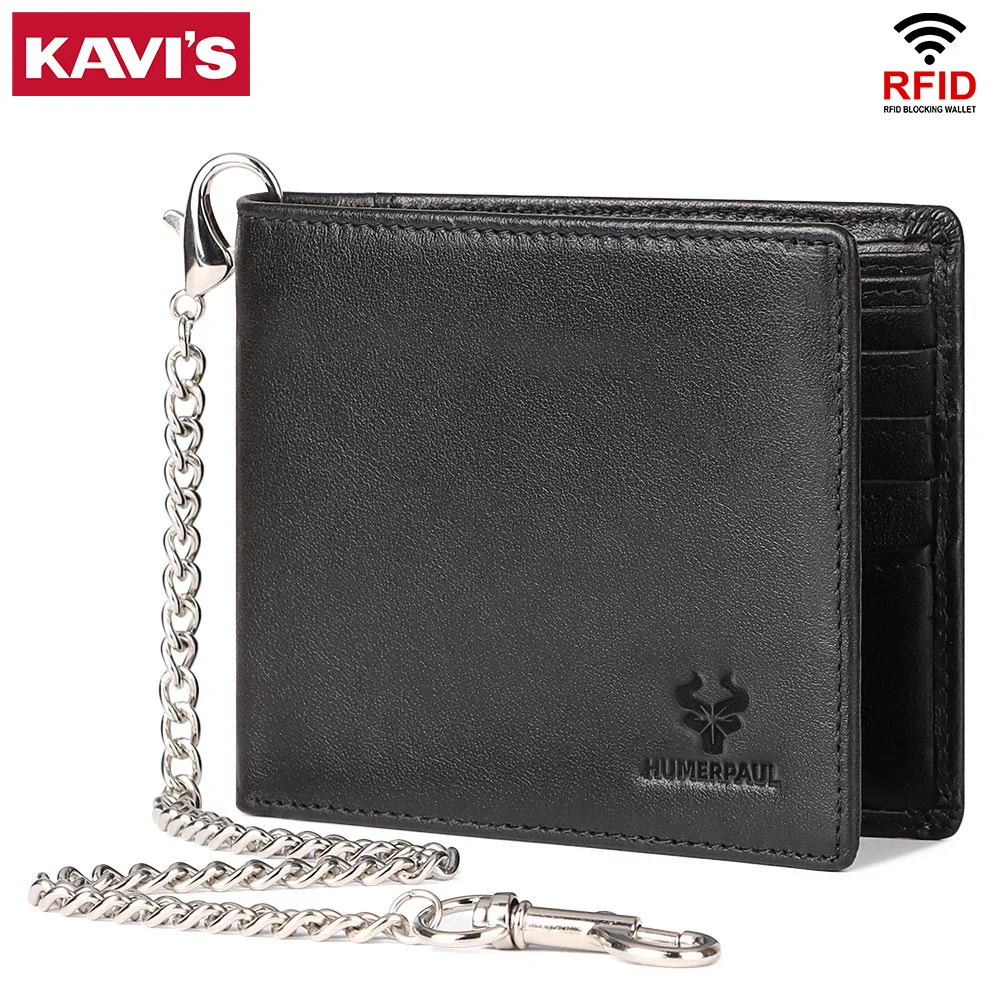 Short Genuine Leather Men Wallet Vintage Large-capacity Credit Card Holder Wallets RFID Protect Purse with Long Anti-theft Chain