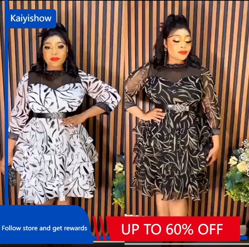 African Dresses for Women Summer Elegant African Women 3/4 Sleeve Black White Polyester Knee-length Dress African Clothes L-3XL