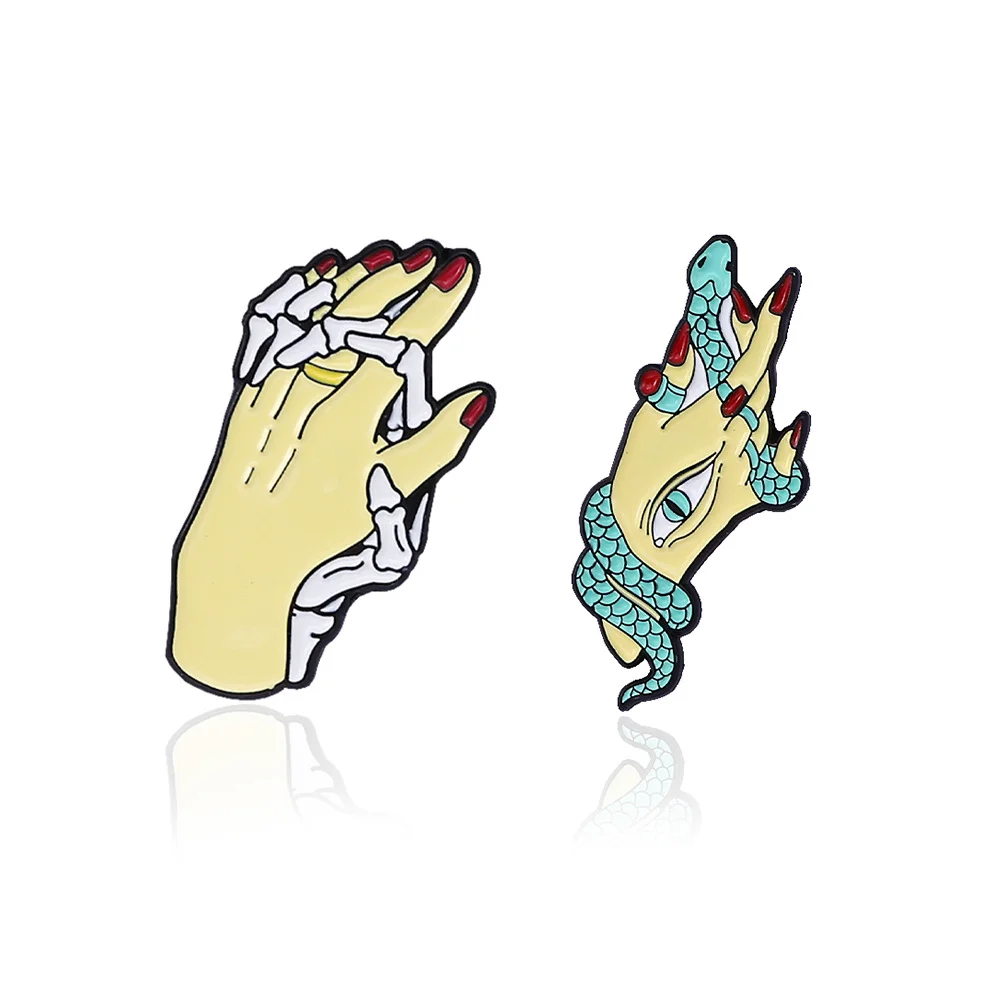 

New Punk Hand Bone Enamel Pin Snake Skeleton Hand Handshake Best Friend Lover Custom Brooch Lapel Badge Jewelry for Women Gift
