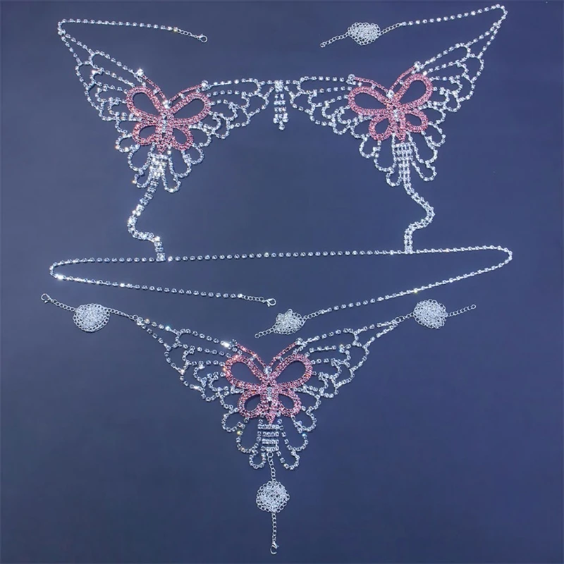 

Crystal Rhinestone Bra Thong Set Chest Butterfly Body Chain Sexy Women's Shiny Bikini Jewelry for Summer Beach Dresses