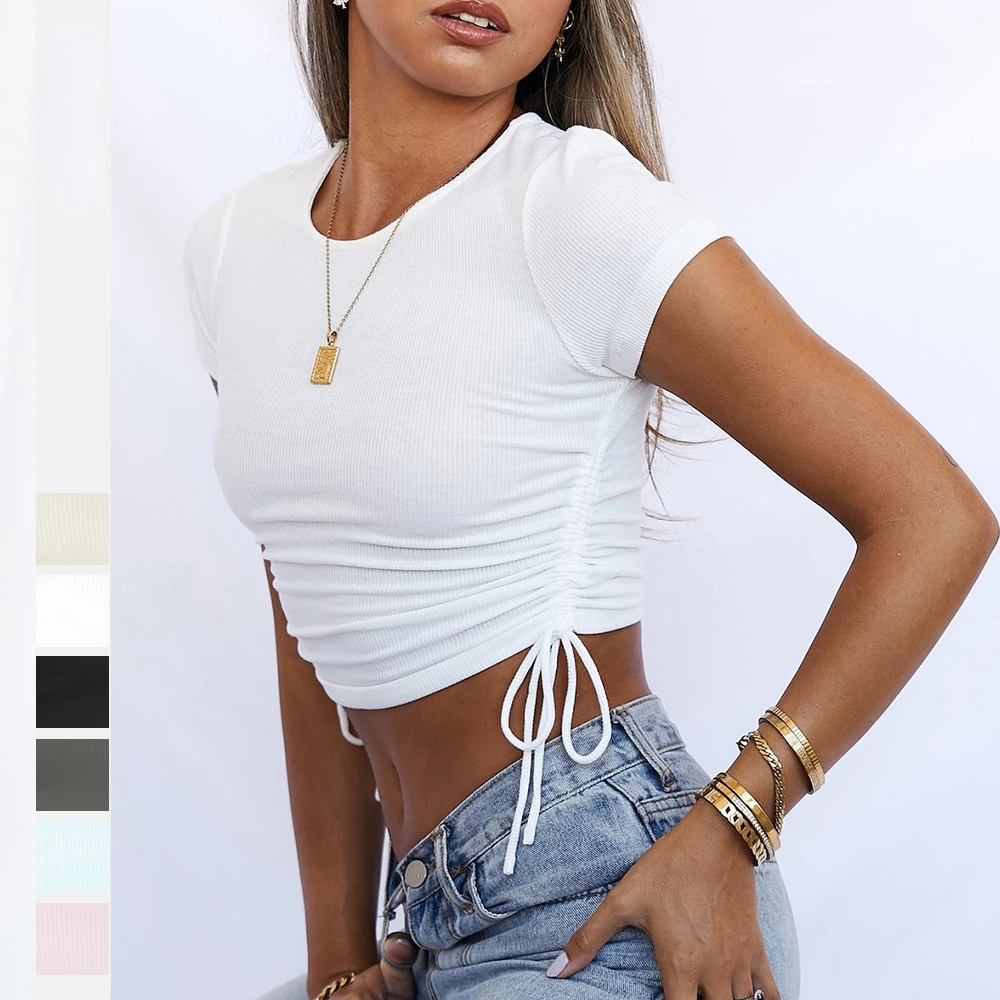 

Sexy Navel Exposed T-Shirt Drawstring Strap Round Neck Pit Stripe Short Sleeve Women Top Summer Fashion Casual Women's Clothing